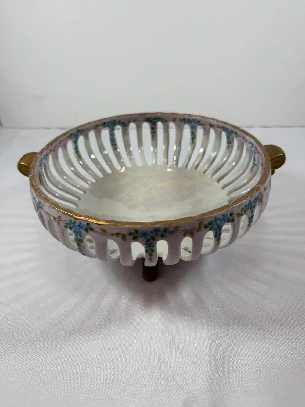 Vintage Reticulated Lattice Footed Fruit Bowl, Dresden-Style, Luster Glaze